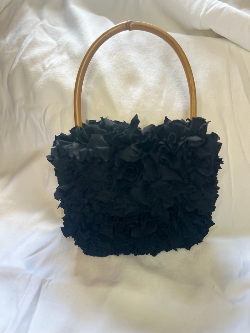 Black Floral Textured Handbag with Bamboo Handle